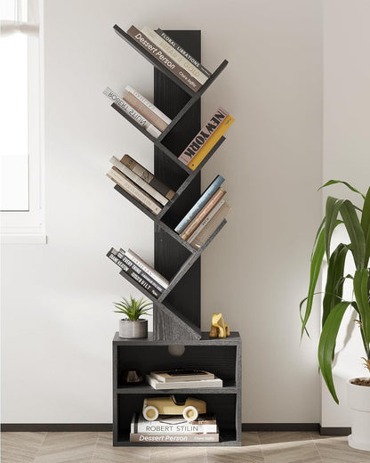 SUNMORY 6 Tier Tree Bookshelf, Small Bookcase with Storage Cabinet, Modern Tall Narrow Bookshelves Organizer, Floor Standing Book Shelf for Bedroom/Living Room/Home Office/Corner, Rustic Brown