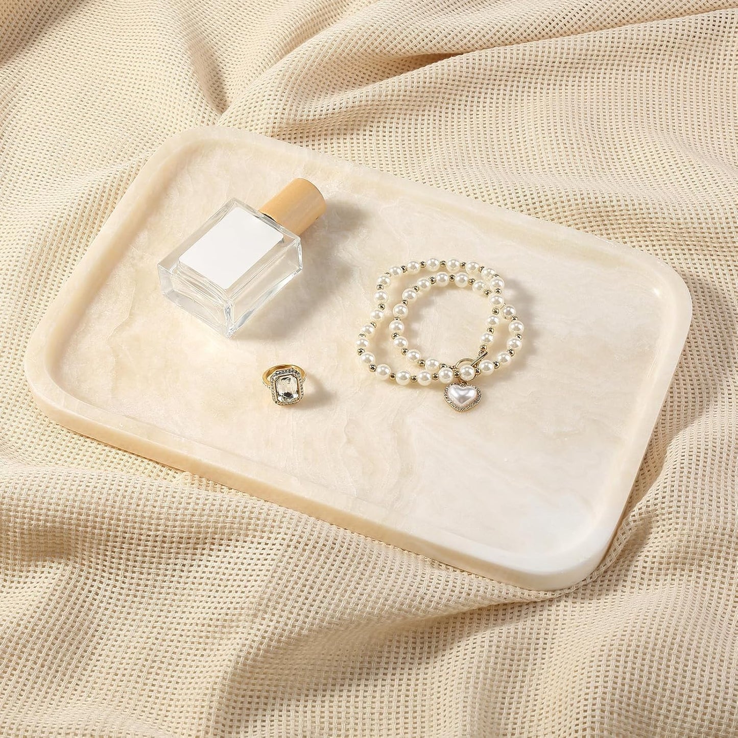 Koville Romano Travertine Tray, 12"x8" Natural Stone Vanity Tray for Countertop Bathroom Kitchen Dresser, Decorative Marble Catchall Trays for Perfume Jewelry, Rectangular Serving Tray(Beige)