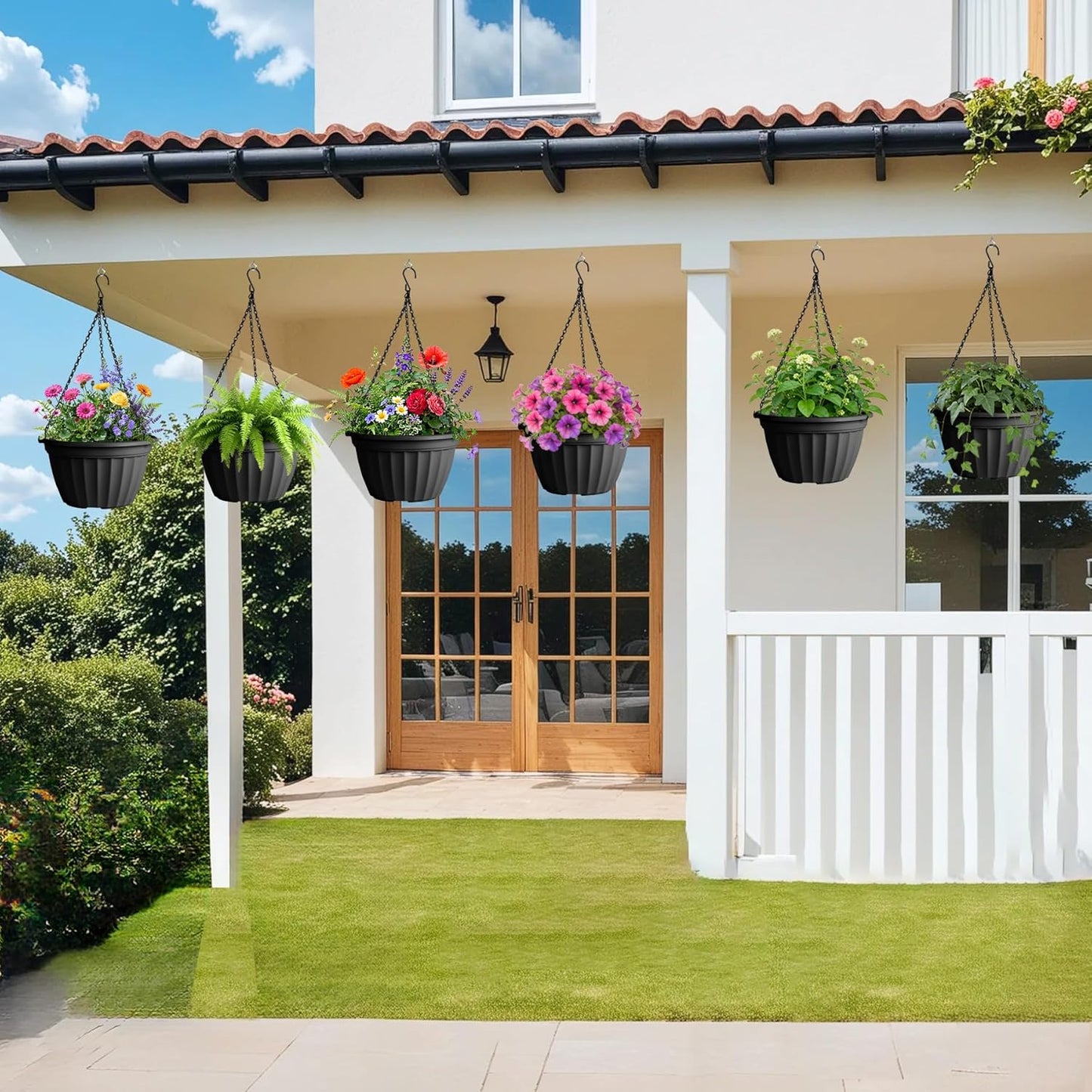 FGstyle Hanging Planters 10 Inch, 4 Pcs Self Watering Pots for Indoor Plants,Plastic Hanging Basket with Soil Elevator and 20" Chain for Home Garden Porch Balcony Patio Decor(Black)