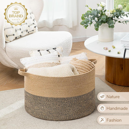 INDRESSME XXXLarge Blanket Basket for Living Room 21.7" x 21.7" x 13.8"-Storage Basket with Handle for Organizing Toy Pillows Woven Cotton Rope Laundry Basket Stuffed Animal Toy Storage for Play Room