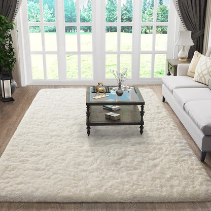 Ophanie Round Rugs 5Ft Ivory Circle Area Rug, Nursery Room Decor, Christmas Aesthetic Bedroom Home Circular Carpet 5 Foot, Fluffy Fuzzy Shag Plush Cream Living Room Rugs for Kids Boys Girls Teen Baby