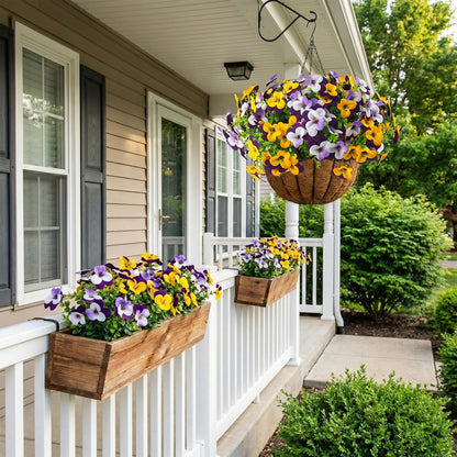 2 Set Artificial Outdoor Pansy Flowers with Hanging Baskets, 2 Hanging Baskets with 24 Pcs Silk Flowers for Spring Easter Decorations Porch Patio Home Decor (2, Purple, Yellow, White, Light Purple)