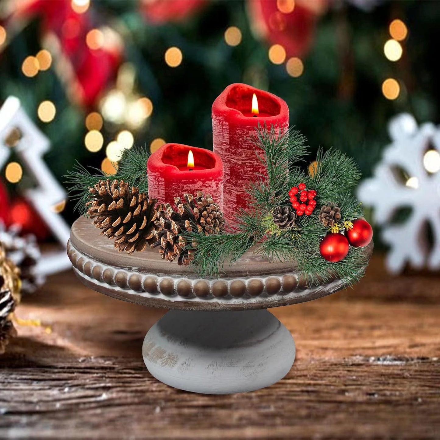 dwellington White Wash Round Display Wood Riser, 8.25” Shabby Chic Pedestal Tray Decor with Beads, Farmhouse Display Stands for Small Items in Coffee Bar, Bathroom, Kitchen Island