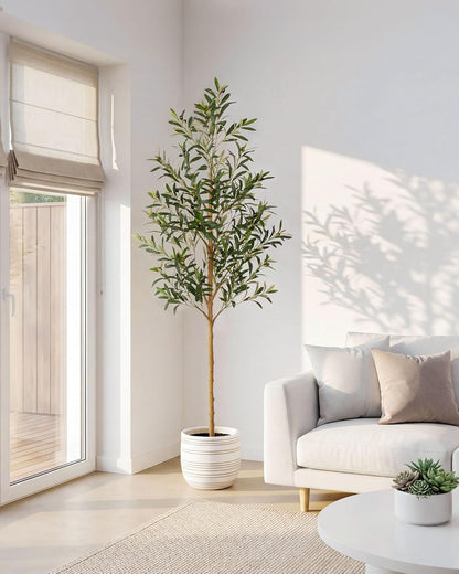 FLOWORLD 6FT Olive Trees Artificial Indoor, Tall Faux Olive Tree 6FT (72in) with Natural Wood Trunk & Realistic Olives, Stable Base, Pet Friendly Artificial Plant for Home Office, Living Room, Outdoor