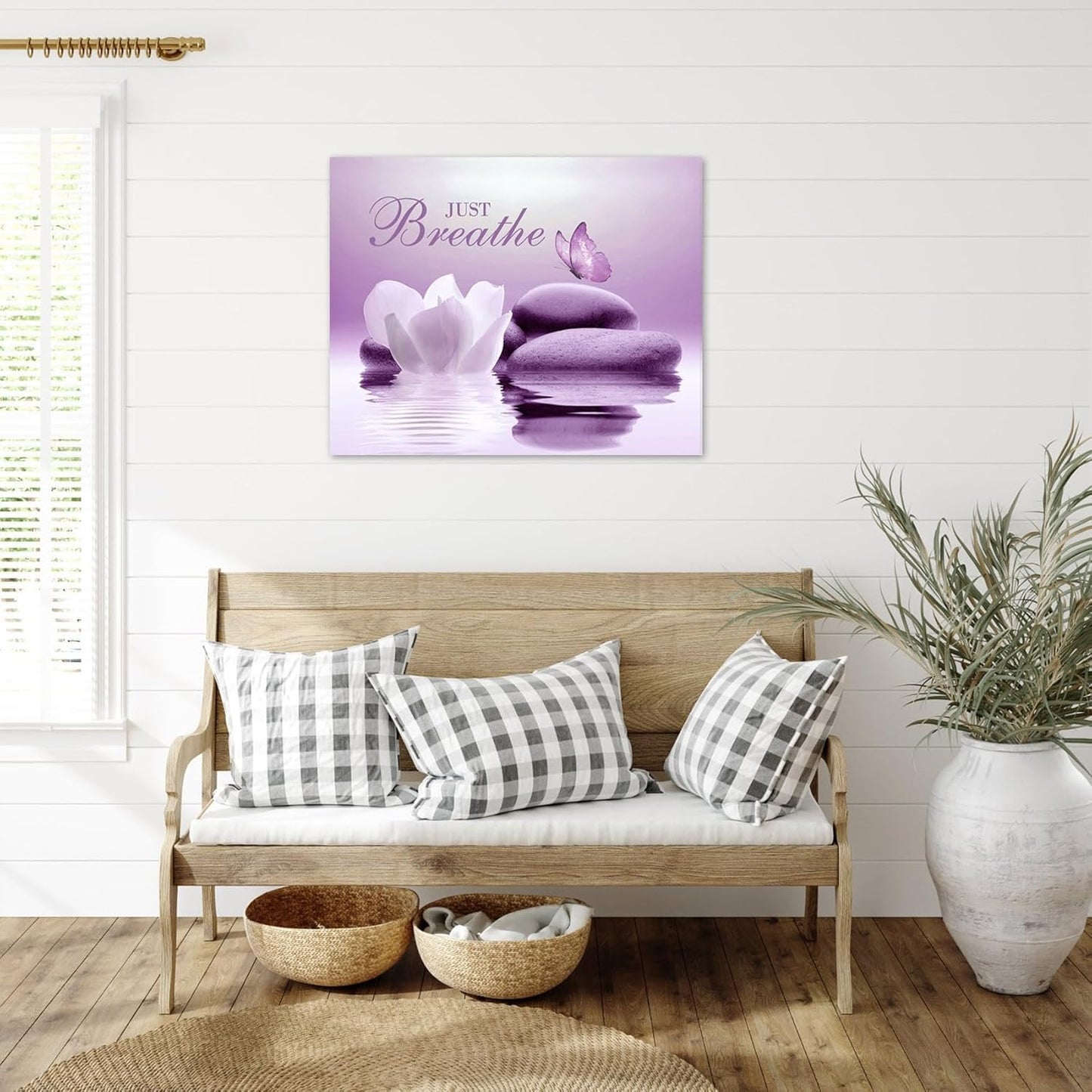 EOBTAIN Zen Flower Canvas Wall Art Bathroom Butterfly and Water Lily Stone Relaxing Spiritual Yoga Framed Wall Art Just Breathe Pictures Canvas Wall Decor for Living Room Bedroom,12x16 Inches