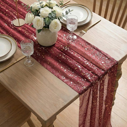 Artoid Mode Beige Gold Gauze Table Runner 120 Inch 10FT, Glitter Metallic Foil Sheer Dining Wedding Anniversary Holiday Birthday Table Decor for Home Party