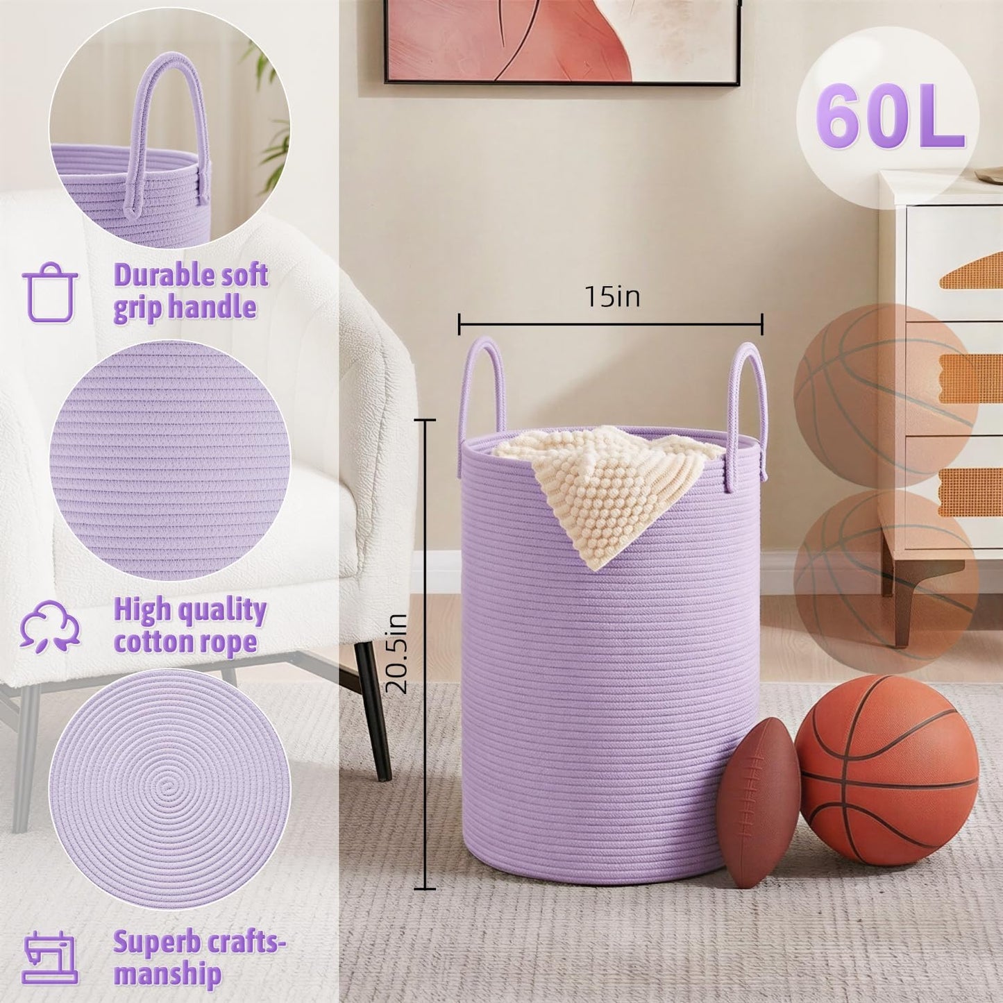 Artfeel Laundry Basket,Woven Cotton Rope Laundry Hamper,60L for Decor Storage of Dirty Clothes,Toys and Blankets in Bathroom,Baby Room and Living Room