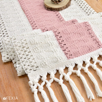 FEXIA Boho Table Runner for Thanksgiving Fall Christmas Home Decor with Tassels 72 Inches Long Pottery barn Furniture Farmhouse Rustic Macrame Burlap Table Decoration for Living Room (12x72 Inches)