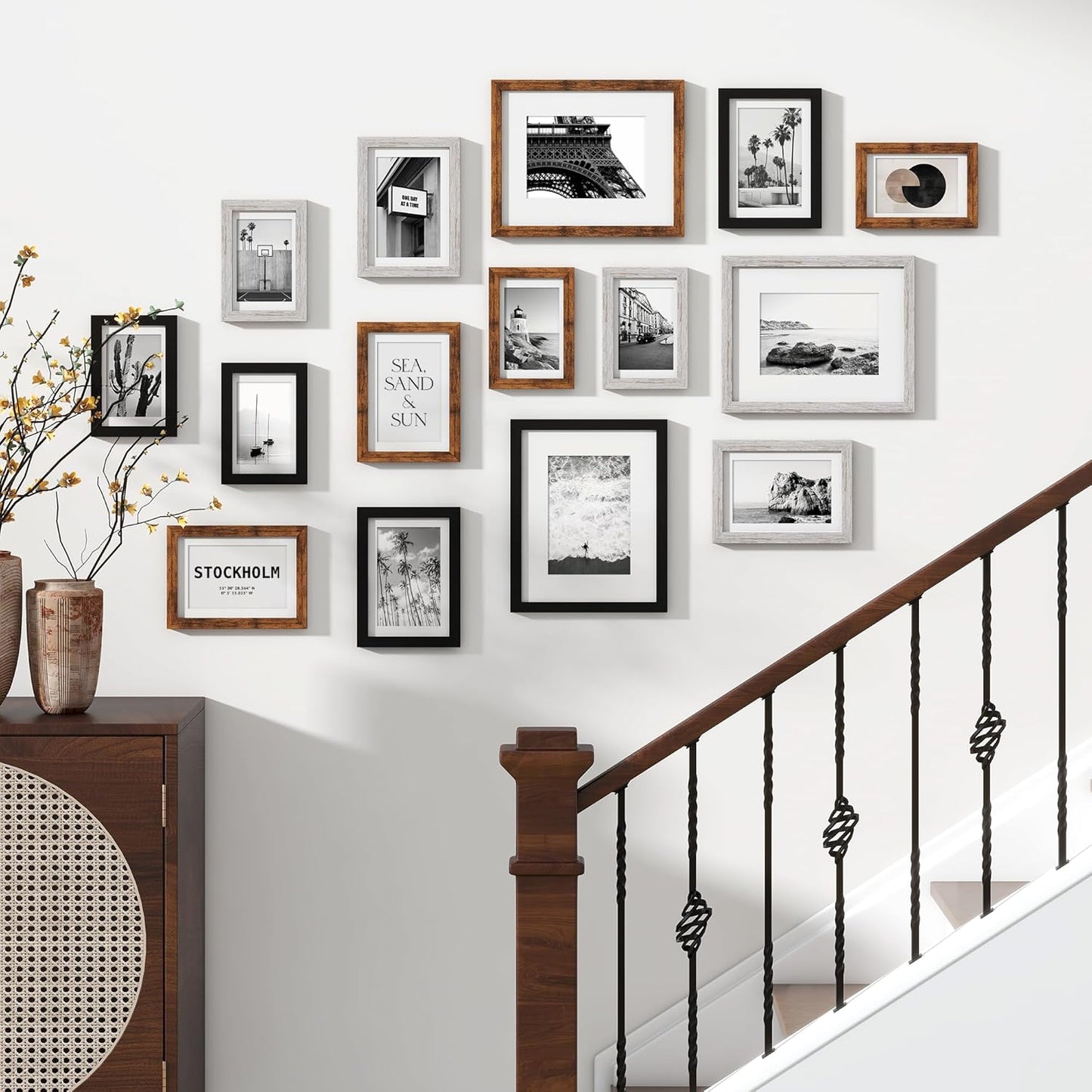 Venusmiles 15 Pack Picture Frames Collage Wall Decor, Gallery Frame Set for Wall Mounting or Tabletop Display, Multi Sizes Including 3pcs 8x10, 6pcs 5x7, 6pcs 4x6, Oak