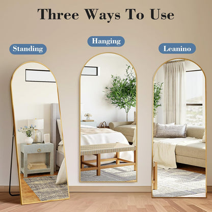 DUMOS Arched Full Length Mirror with Stand 64"x21" Floor Standing Aluminum Frame for Bedroom Body Hanging Leaning Modern Simple Home Decor Shatter-proorf Nano Glass Wall Living Room Cloakroom Black