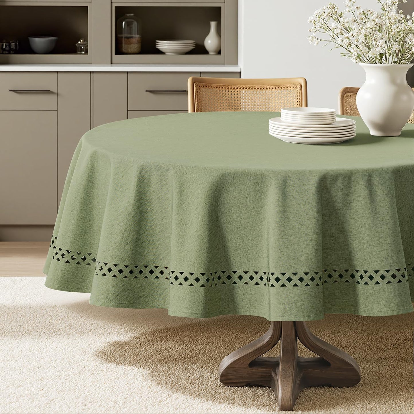 MIULEE Beige Rectangle Linen Polyester Tablecloth with Decorative Cutouts Spring Waterproof Stain Resistant & Shrink-Proof Table Cloth 52x70 inch Farmhouse Style for Dining Wedding and Outdoor