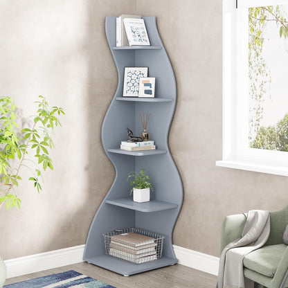 Tribesigns Corner Shelf, Modern 5-Tier Wall Corner Bookshelf, Stylish Corner Small Bookcase Storage Rack Plant Stand with Unique Shape for Living Room, Home Office (White, 1PC)