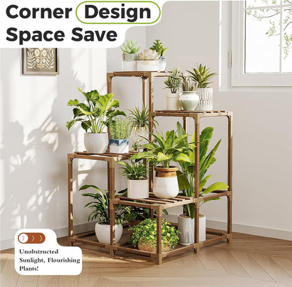 Bamworld Plant Stand Indoor with Grow Lights Wood Plant Shelf for Hanging Planter Pots Display Flower Stand for Living Room Patio Garden Decor