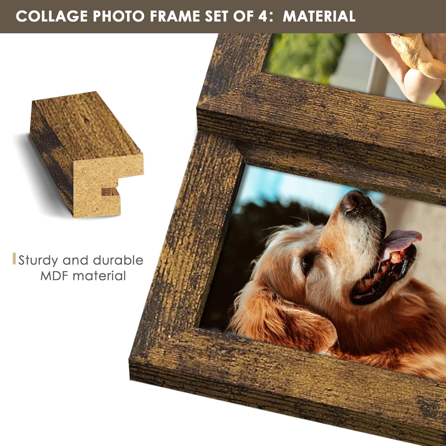 DUENPY 4x6 Collage Picture Frame Tempered Glass Front, Displays Four 4x6 Photo, Family Photo Collage Frame, Wall Decor Wall Hanging or Tabletop, Brown