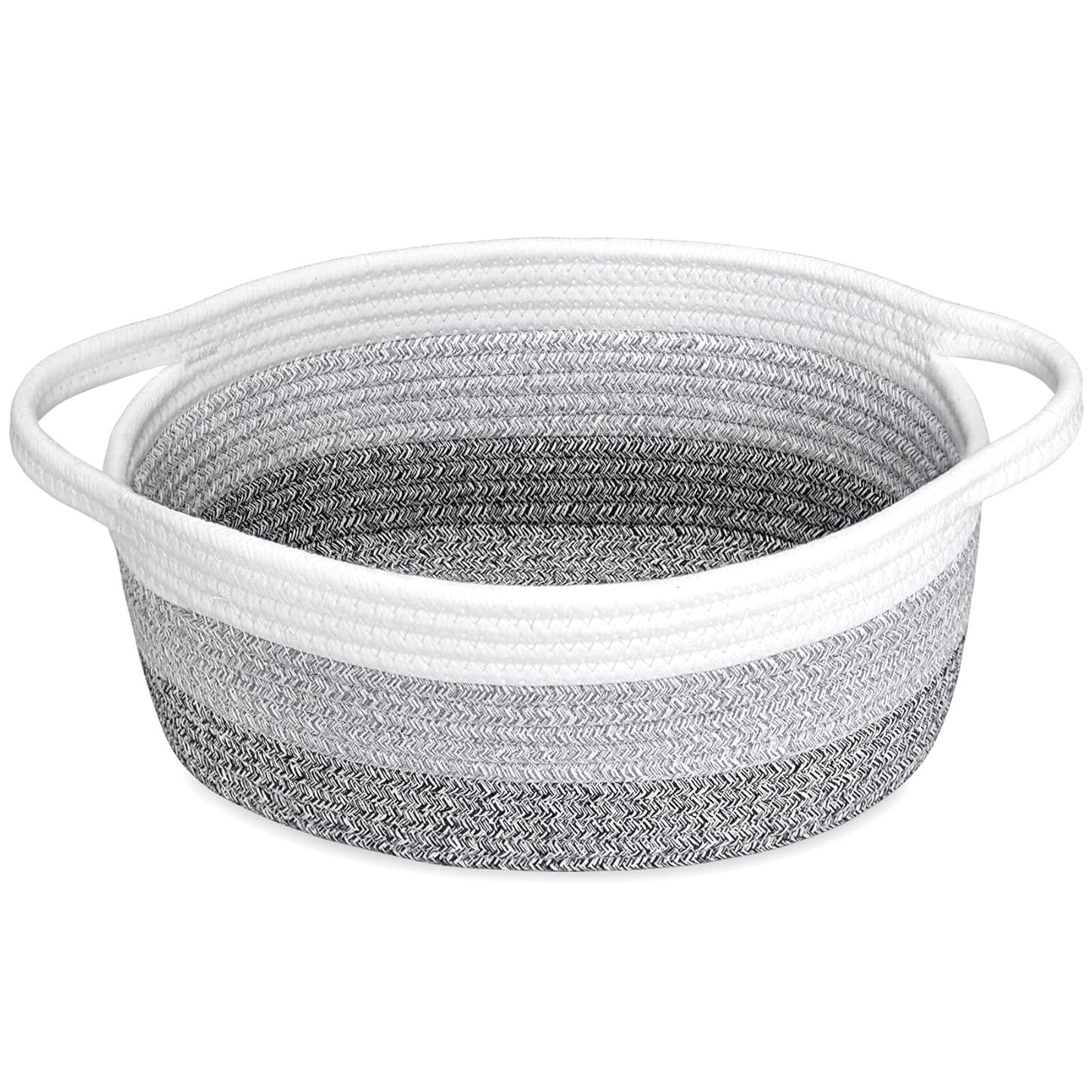 ABenkle Small Basket with Handles, Boho Decorative Rope Woven Dog Cat Toy Storage Bin Shelf Storage Organizer, Easter Christmas Gift Basket, 12"x8"x5", White