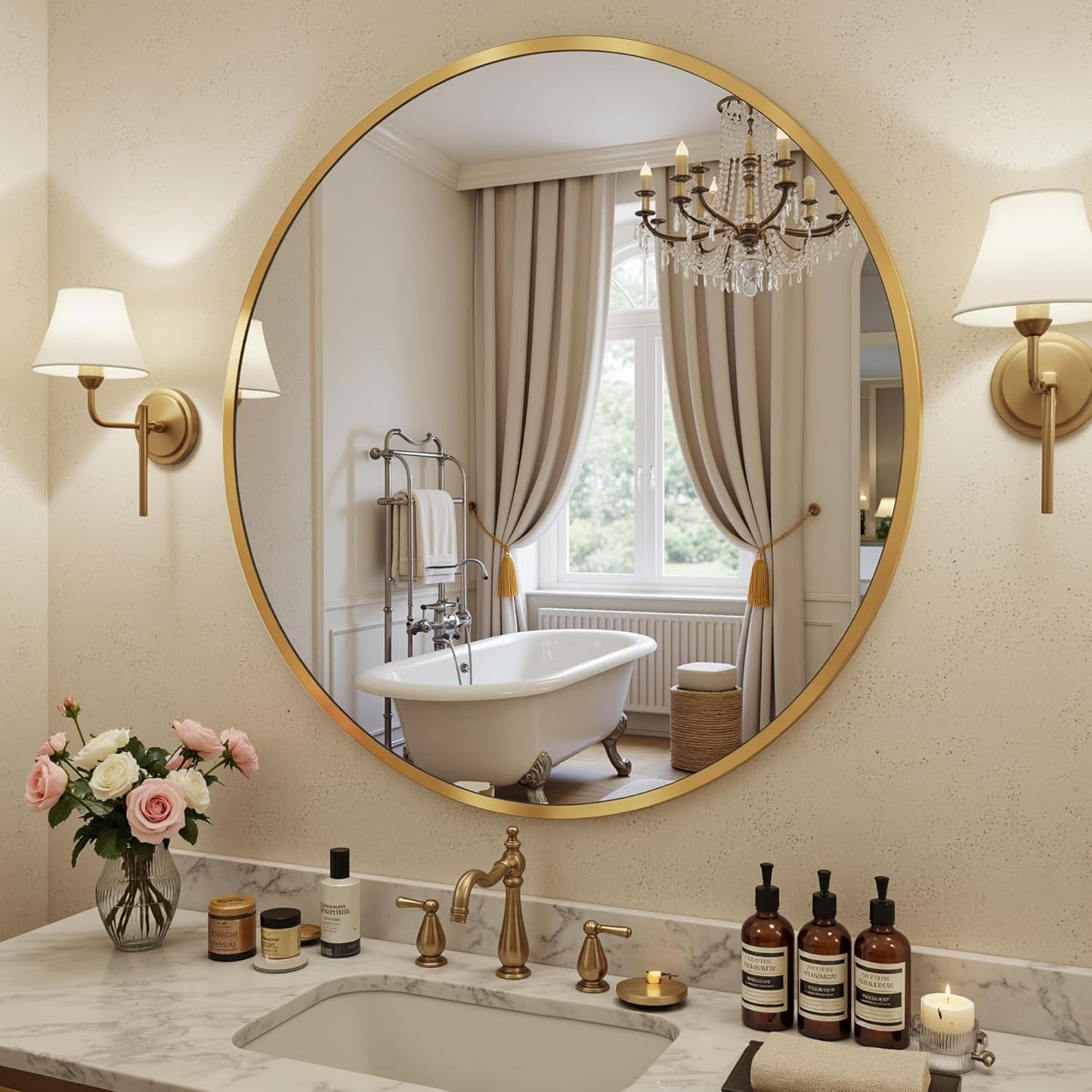 Antok 30 Inch Round Mirror for Wall, Round Bathroom Mirror, Circle Wall Mirrors with Black Metal Frame, Circle Mirrors Suitable for Wall, Bathroom, Vanity, Living Room, Entryway