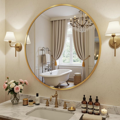 Antok 30 Inch Round Mirror for Wall, Round Bathroom Mirror, Circle Wall Mirrors with Black Metal Frame, Circle Mirrors Suitable for Wall, Bathroom, Vanity, Living Room, Entryway