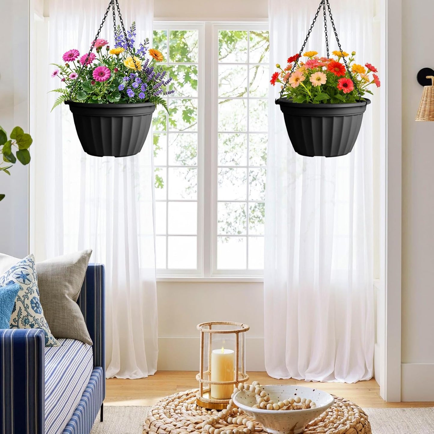 FGstyle Hanging Planters 10 Inch, 4 Pcs Self Watering Pots for Indoor Plants,Plastic Hanging Basket with Soil Elevator and 20" Chain for Home Garden Porch Balcony Patio Decor(Black)