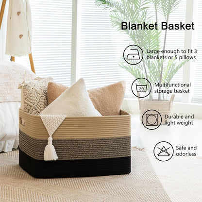 OIAHOMY Large Blanket Basket, 22”x17”x12” Rectangle Woven Baskets, Nursery Blanket Storage Living Room, Toy Storage With Handle, Large Baskets for Organizing-Gradient Yellow