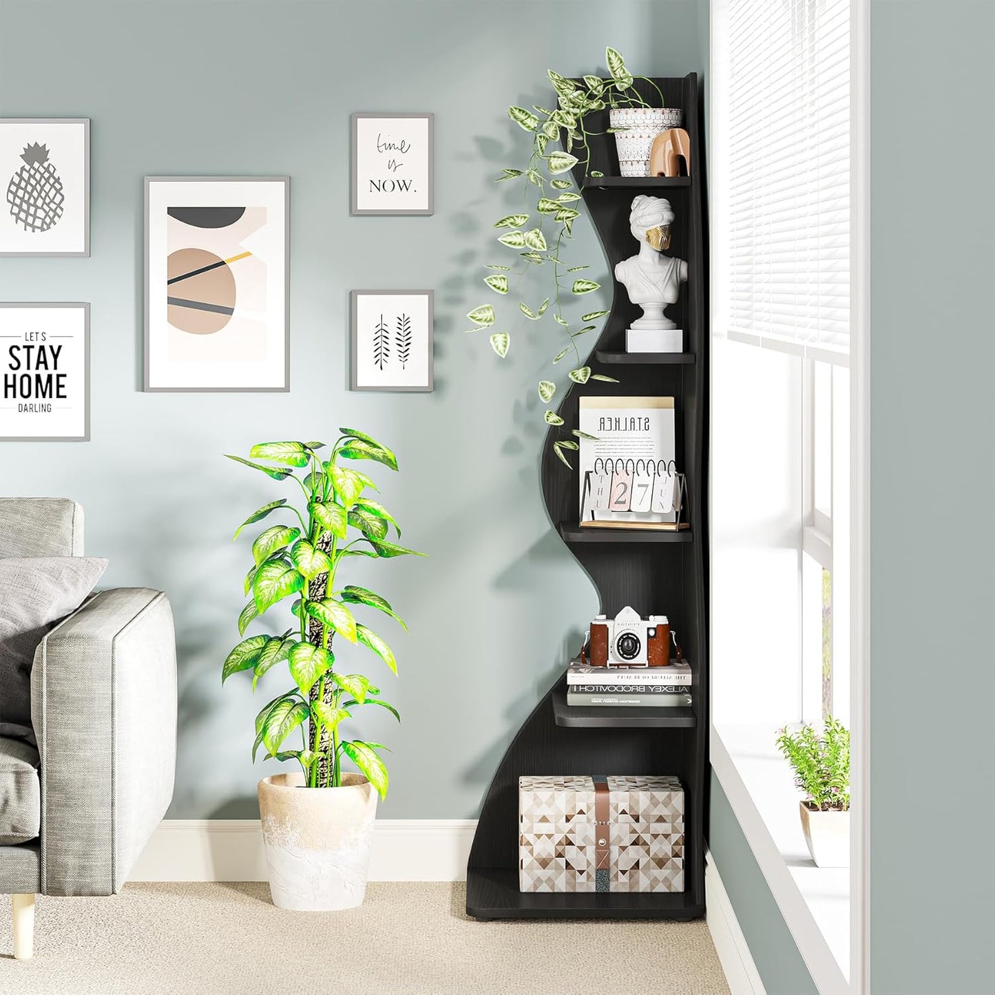 Tribesigns Corner Shelf, Modern 5-Tier Wall Corner Bookshelf, Stylish Corner Small Bookcase Storage Rack Plant Stand with Unique Shape for Living Room, Home Office (White, 1PC)