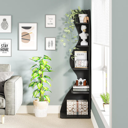 Tribesigns Corner Shelf, Modern 5-Tier Wall Corner Bookshelf, Stylish Corner Small Bookcase Storage Rack Plant Stand with Unique Shape for Living Room, Home Office (White, 1PC)