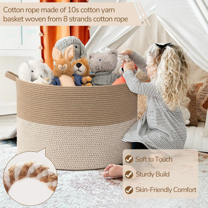 INDRESSME XXXLarge Blanket Basket for Living Room 21.7" x 21.7" x 13.8"-Storage Basket with Handle for Organizing Toy Pillows Woven Cotton Rope Laundry Basket Stuffed Animal Toy Storage for Play Room