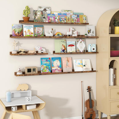 Fun Memories Picture Ledge Shelves Set of 2, 32 Inch Rustic Wall Mounted Floating Shelves with Lip for Home Storage and Décor in Bathroom, Kitchen, Nursery, Bedroom, Living Room, Walnut