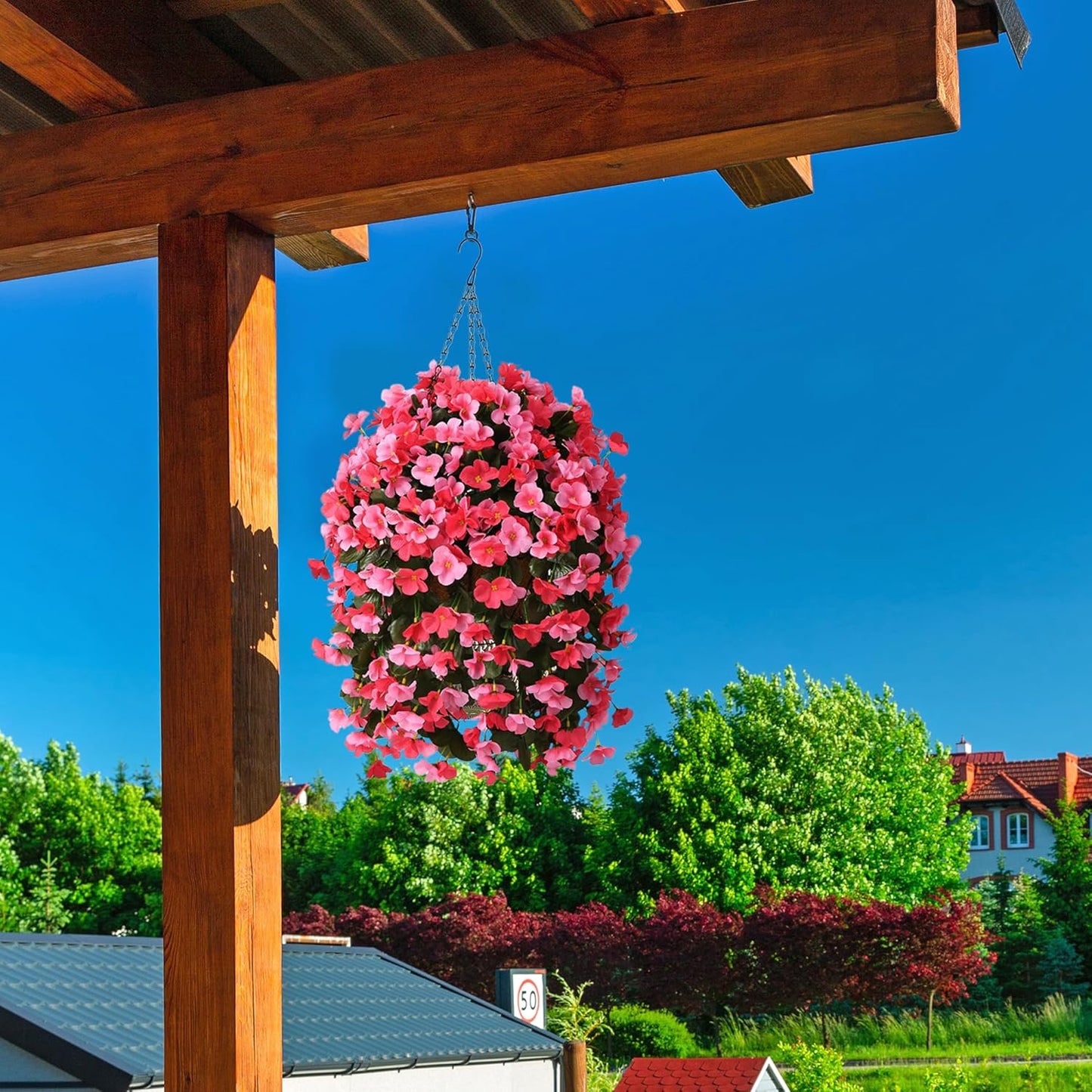 INQCMY Artificial Fake Hanging Plants Flowers Basket for Spring Summer Outdoor Outside Decoration,Faux Silk Begonia Flower in Planter Look Real UV Resistant for Home Porch Patio Balcony Yard Decor