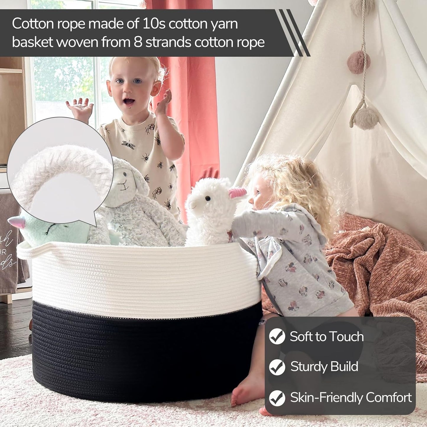 INDRESSME XXXLarge Blanket Basket for Living Room 21.7" x 21.7" x 13.8"-Storage Basket with Handle for Organizing Toy Pillows Woven Cotton Rope Laundry Basket Stuffed Animal Toy Storage for Play Room