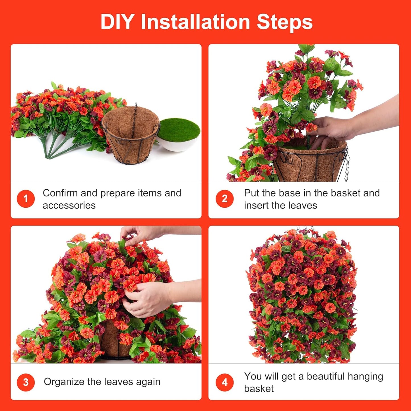 INXUGAO Artificial Flowers with Hanging Basket, Outdoor Faux Plants Silk Morning Glory Vines, Fake Green Arrangement for Garden Patio Spring Summer Decor(4pcs,Darkorchid)