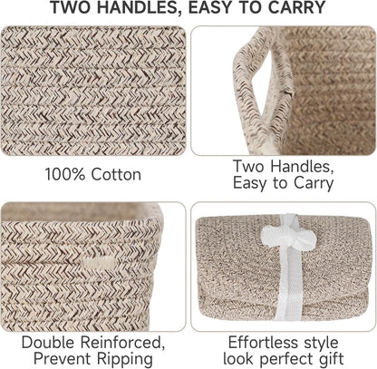 3-Pack Small Storage Baskets for Organizing | Woven Shelf Toy Basket | Rope Baskets for Gifts Empty | Closet Organizer Bins with Handles | Cube Decorative Box | 11.8×7.8×5.1” | Mixed brown