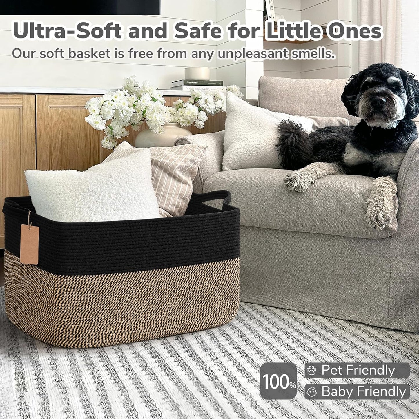 Goodpick Woven Storage Basket, Cotton Rope Basket for Dog Toys, Books, Stylish Gift Basket with Handles, 13 x 10 x 9 Inches Square Baskets for Organizing, Brown and White