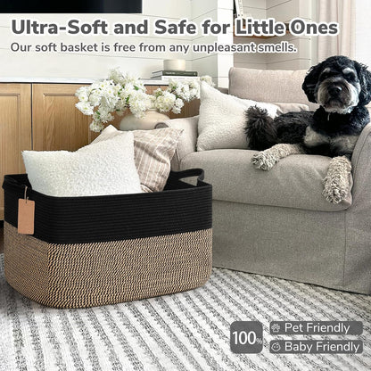 Goodpick Woven Storage Basket, Cotton Rope Basket for Dog Toys, Books, Stylish Gift Basket with Handles, 13 x 10 x 9 Inches Square Baskets for Organizing, Brown and White