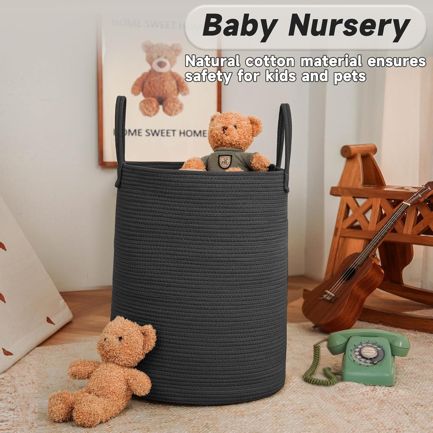 JMvicyroam Large Woven Laundry Basket Hamper,60L Cotton Rope Storage Bin for Blankets,Toys and Clothes,Decorative Tall Nursery Hamper for Living Room,Baby Nursery,Bathroom and Bedroom,Brown
