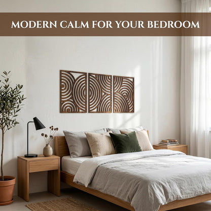 qmmp Modern Wooden Wall Sculptures - Set of 3 - Home Decor Accent - Large Wall Art for Living Room, Bedroom, Office - Easy Installation (Oak, Medium - Mountain and Sun)