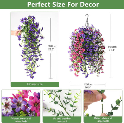 INQCMY Artificial Fake Hanging Plants Flowers Basket for Spring Summer Outdoor Outside Porch Decoration,UV Resistant Faux Silk Violet in Planter for Home Patio Balcony Garden Yard Decor(Red)