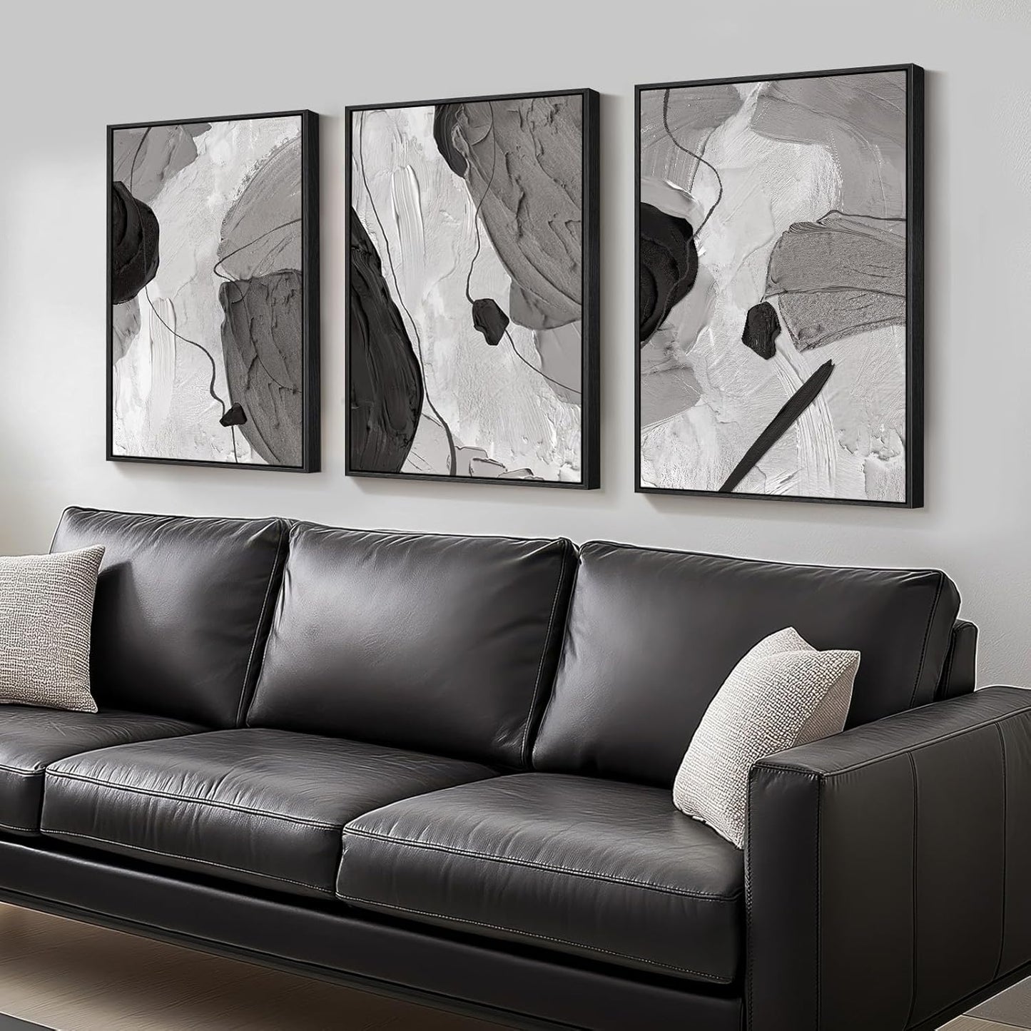 Large Framed Black and White Abstract Wall Art for Living Room, 3 Piece Big Modern Canvas Prints Paintings Artwork for Walls, Minimalist Abstract Art Pictures for Hallway, Office Wall Decor 24x36 In