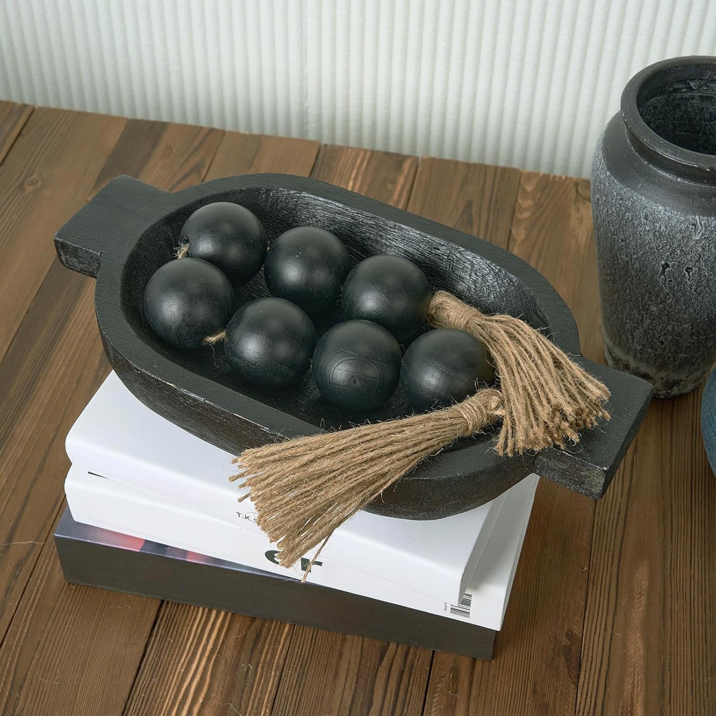 OMISHE Extra Large Wood Bead Garland with 2" Diameter Wooden Beads, 25.5" Long Rustic Farmhouse Decorative Wooden Beads Garland with Tassels, Boho Decorations for Home Table Mantle, Black