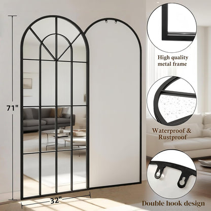 Dewfig 65"x 22" Arched Window pane Full Length Mirror, Wall Mirror, Floor Standing Mirrors, Farmhouse Long Full Body Mirrors Wall Mounted for Living Room, Bedroom, Entryway, Fireplace, Black
