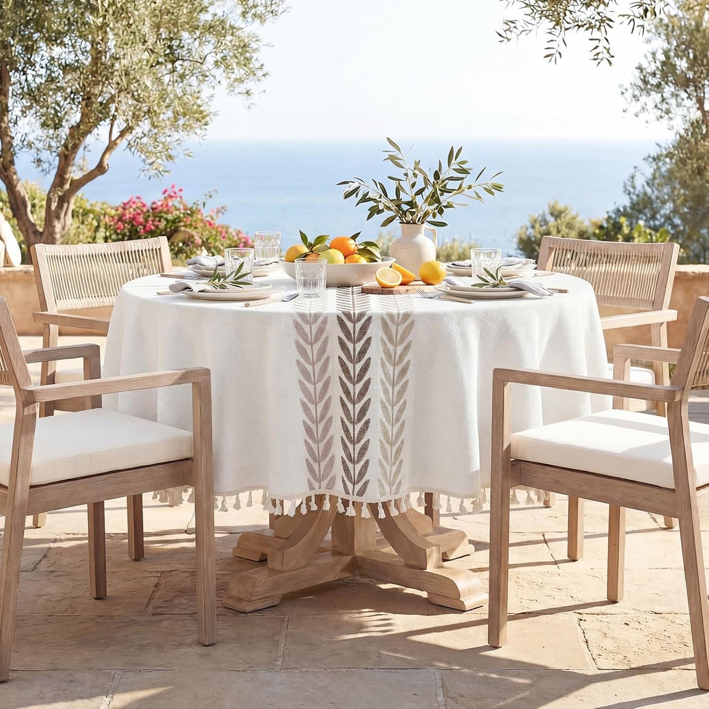 Softalker Outdoor Tablecloth Rectangle, Waterproof Linen Cotton Farmhouse Table Cloths with Tassel, Heavy Weight Wrinkle Free Boho Table Cover for Picnic Camping Dining - 55 x 70 Inch, Coffee Lines