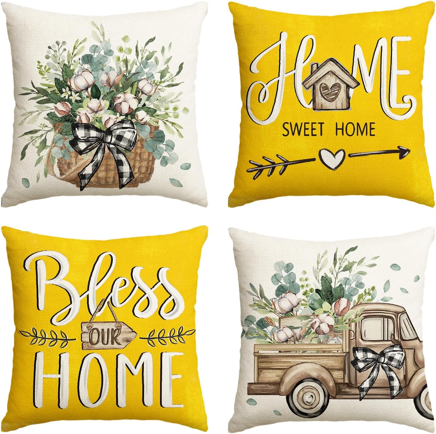 AVOIN colorlife Bless Our Home Farmhouse Eucalyptus Leaves Throw Pillow Covers, 18 x 18 Inch Truck Home Sweet Home Cushion Case Decorations Set of 4