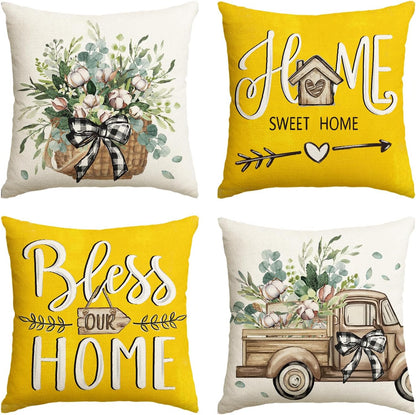 AVOIN colorlife Bless Our Home Farmhouse Eucalyptus Leaves Throw Pillow Covers, 18 x 18 Inch Truck Home Sweet Home Cushion Case Decorations Set of 4