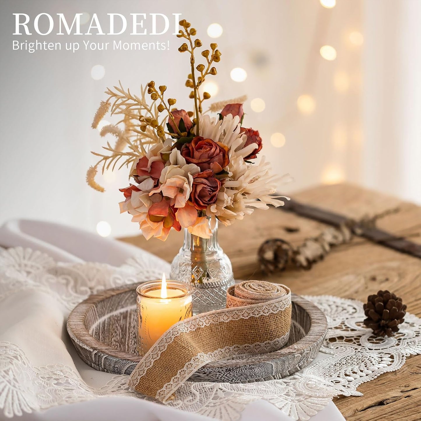 Romadedi Rustic Wooden Tray Candle Holder - Round Wood Decorative Pillar Candle Tray for Coffee Table Farmhouse Kitchen Countertop Organizer Home Decor Wedding Centerpiece, Distressed White