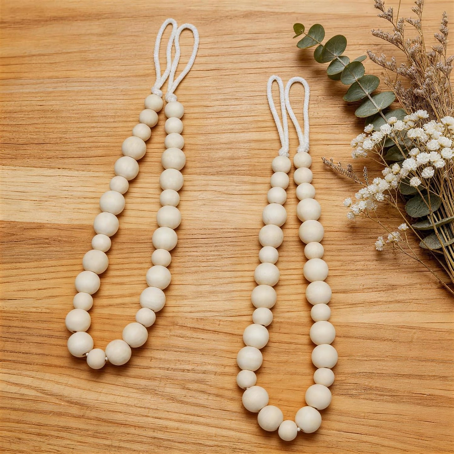 Wood Bead Curtain Tiebacks, KLOGTSIND Set of 2 Curtain Holdbacks for Thin or Thick Window Draperies, Boho Farmhouse Curtain Tiebacks with Hooks, Curtain Tie Backs for Home Office Room Decor