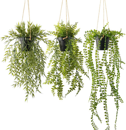 3 Packs Fake Hanging Plants with Black Pots, 20" Artificial Hanging Plants for Wall Decor, Fake Fern Plants Mandala Vine for Home Bathroom Bedroom Kitchen Office Room Decor