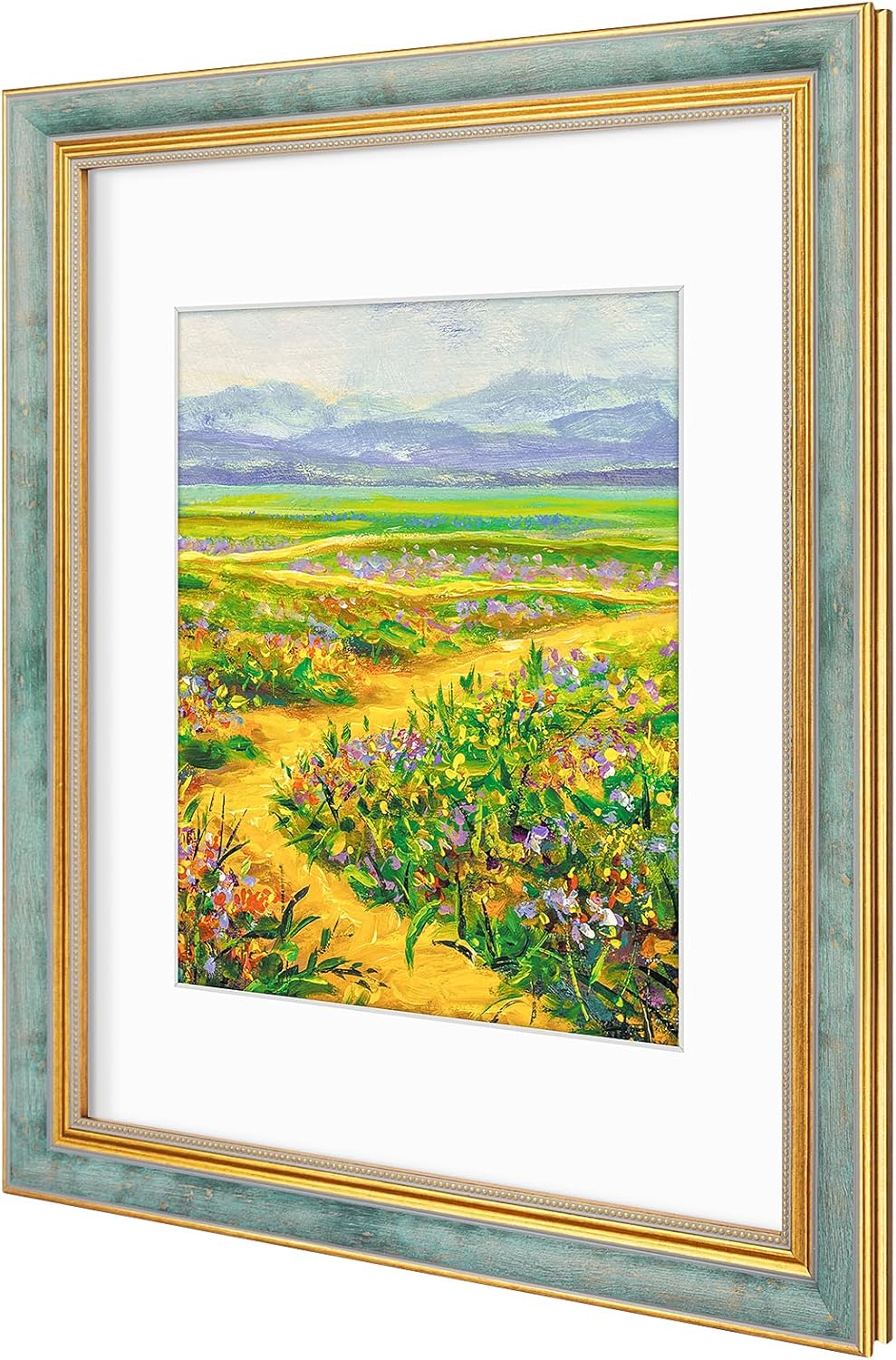 Golden State Art,11x14 Ornate Picture Frame for 8x10 Photo with Mat or 11 x 14 Prints without Mat,Real Glass Wall Display(Color:Green Gold)