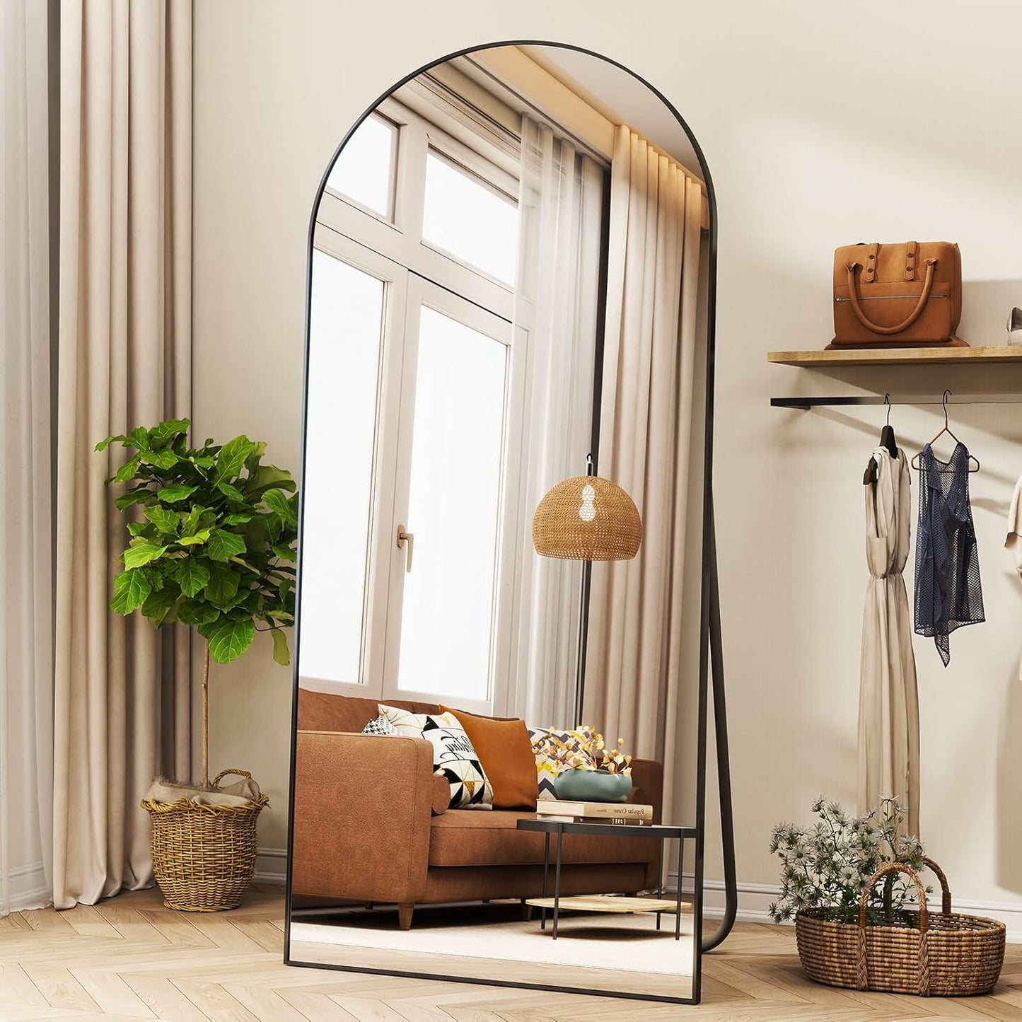 XRAMFY 56"x21" Arched Full Length Mirror Floor Mirrors with Aluminum Alloy Frame Free-Standing Wall Mounted Floor Mirrors or Large Dressing Mirror, Black Mirror Full Length