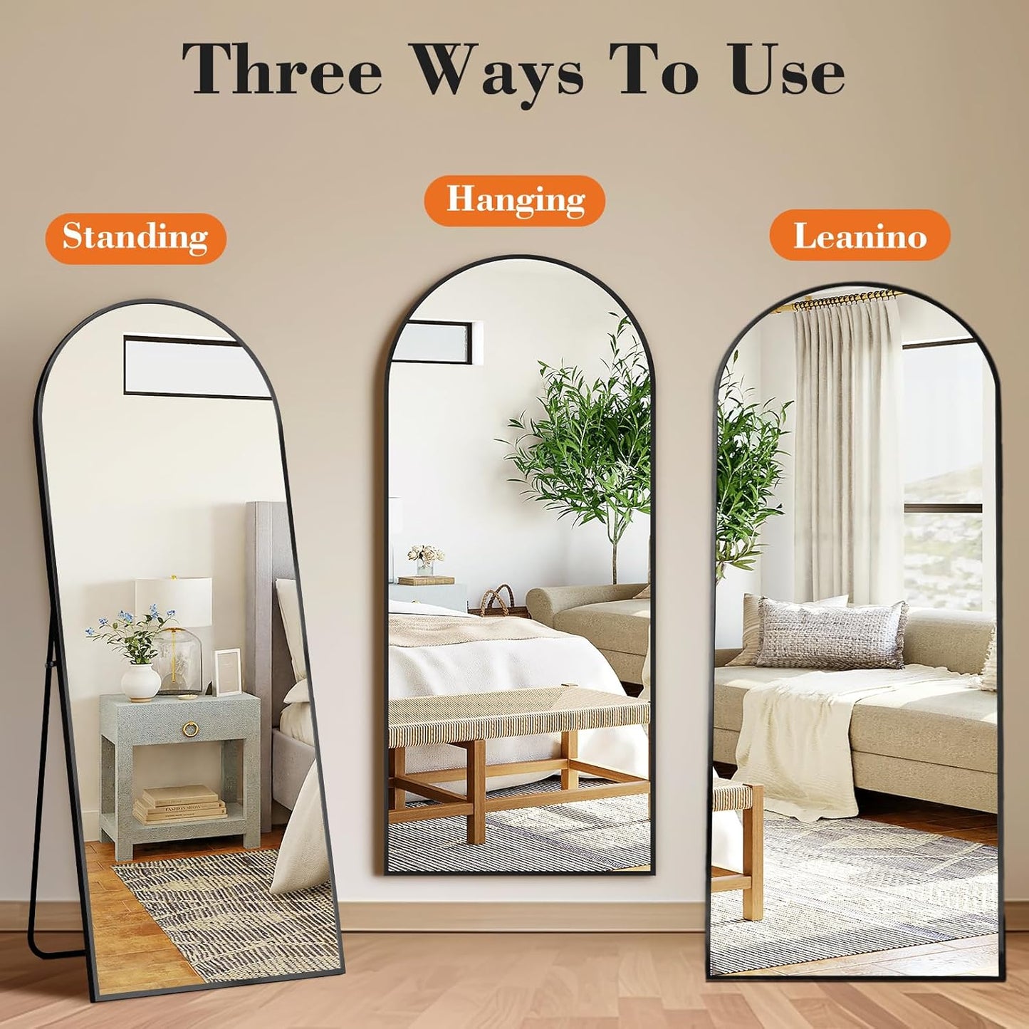 DUMOS Arched Full Length Mirror with Stand 64"x21" Floor Standing Aluminum Frame for Bedroom Body Hanging Leaning Modern Simple Home Decor Shatter-proorf Nano Glass Wall Living Room Cloakroom Black