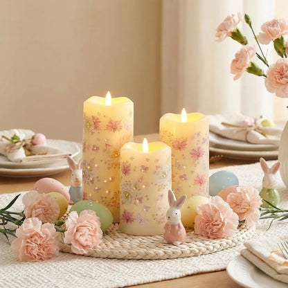 Eywamage Fiber Optic Flameless Pillar Candles with Remote Set of 3, Butterfly Floral Spring LED Candles Battery Operated Gift Φ 3" H 6"