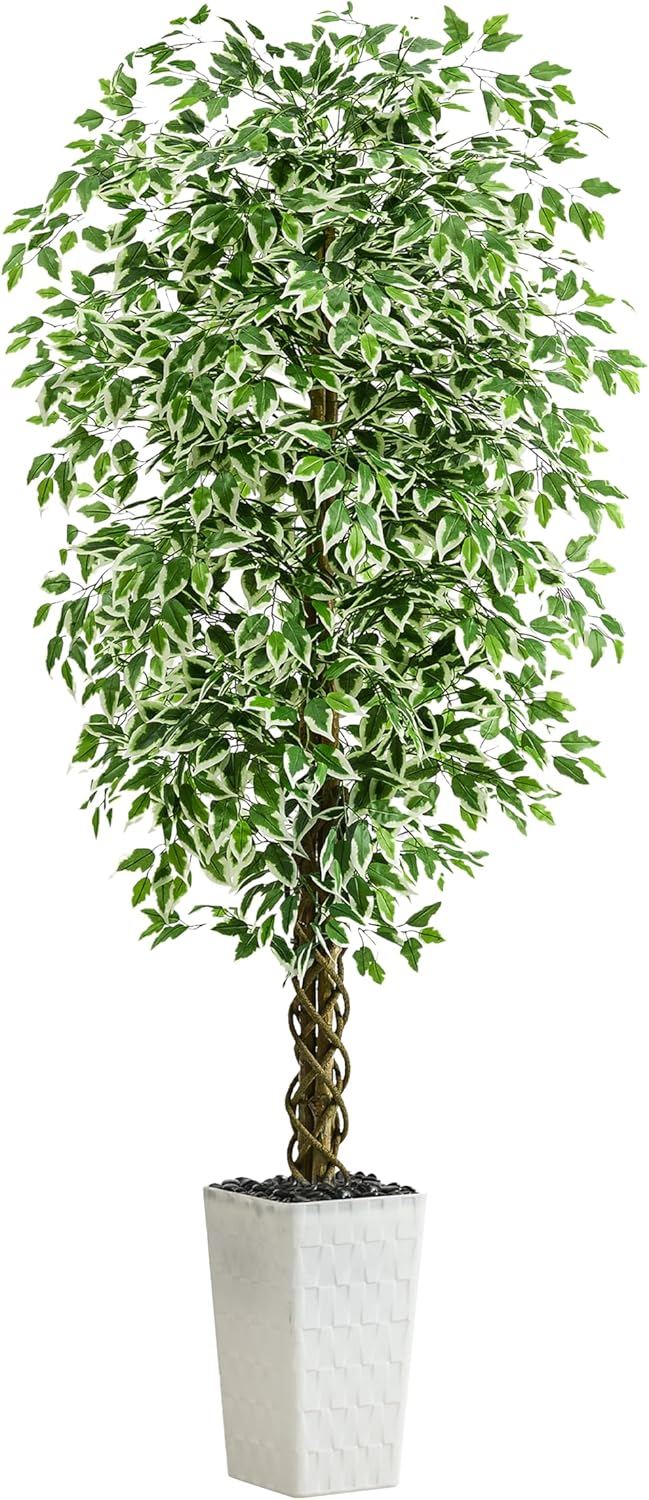Artificial Ficus Tree 6FT Faux Plants Indoor Tall Fake Plants with White Planter, Green Lifelike Lush Fake Ficus Tree for Home Living Room Bedroom Outdoor Balcony House Office Decor